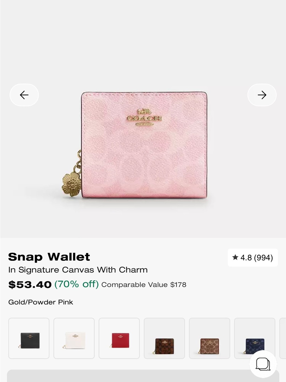Coach Powder Pink Signature Snap Wallet with Gold Charm